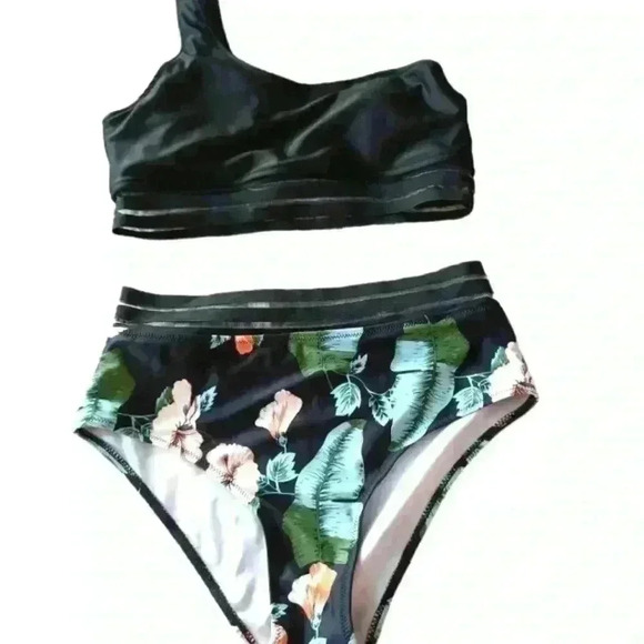 Shein Womens Black Floral 2 Piece One Shoulder Swimsuit L - Picture 1 of 16